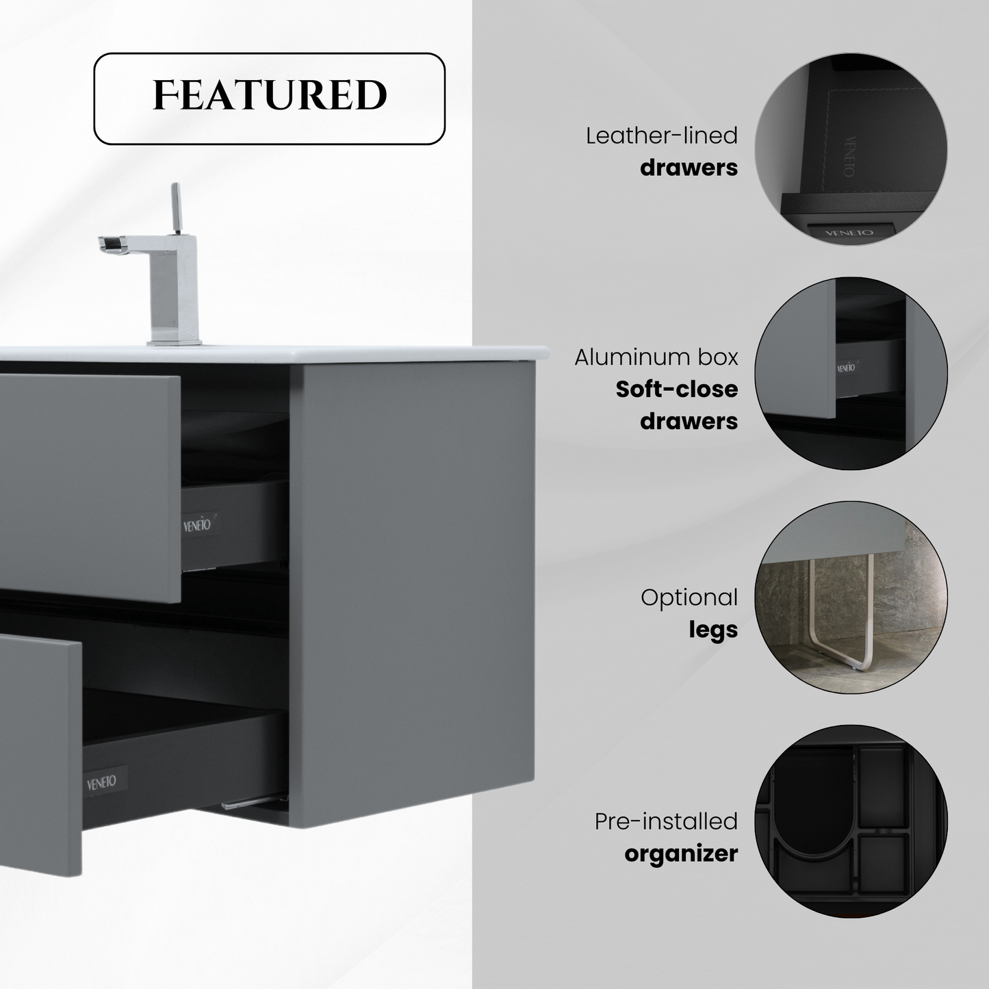 48 Inch Matte Dust Gray Veneto Floating Bathroom Vanity with Countertop