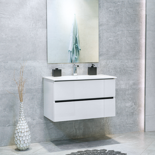 32 Inch High Gloss White Veneto Floating Bathroom Vanity with Countertop