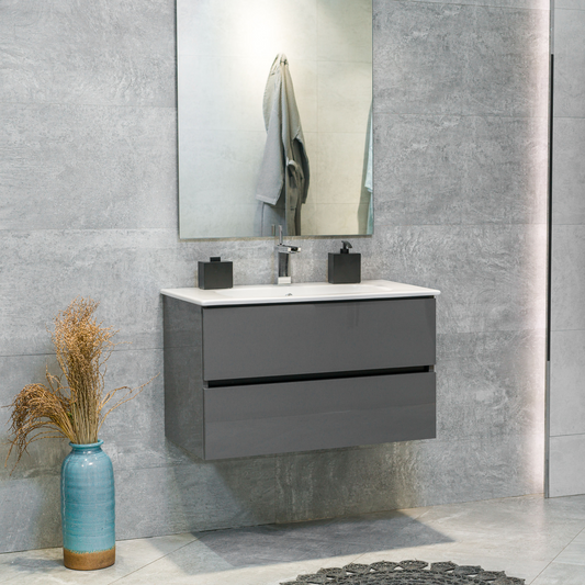 32 Inch High Gloss Anthracite Veneto Floating Bathroom Vanity with Countertop
