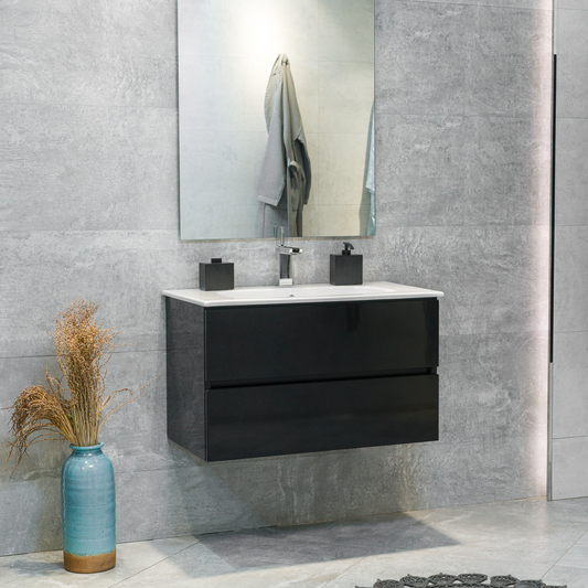 32 Inch High Gloss Black Veneto Floating Bathroom Vanity with Countertop
