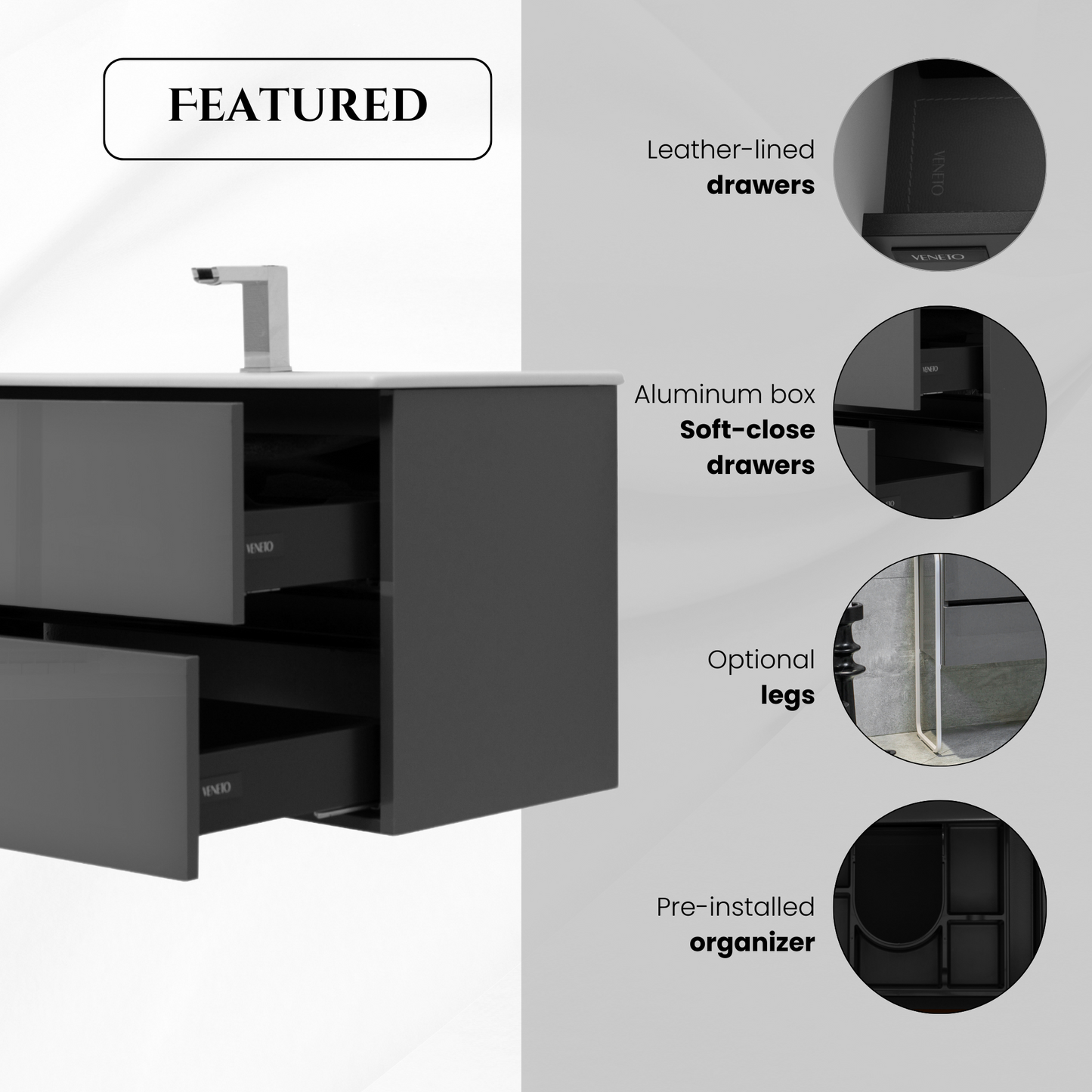 24 Inch High Gloss Anthracite Veneto Floating Bathroom Vanity with Countertop