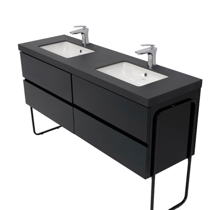 60 Inch High Gloss Black Veneto Floating Bathroom Vanity