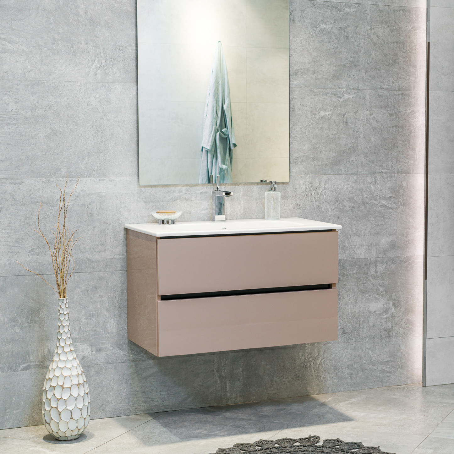 32 Inch High Gloss Capuccino Veneto Floating Bathroom Vanity with Countertop