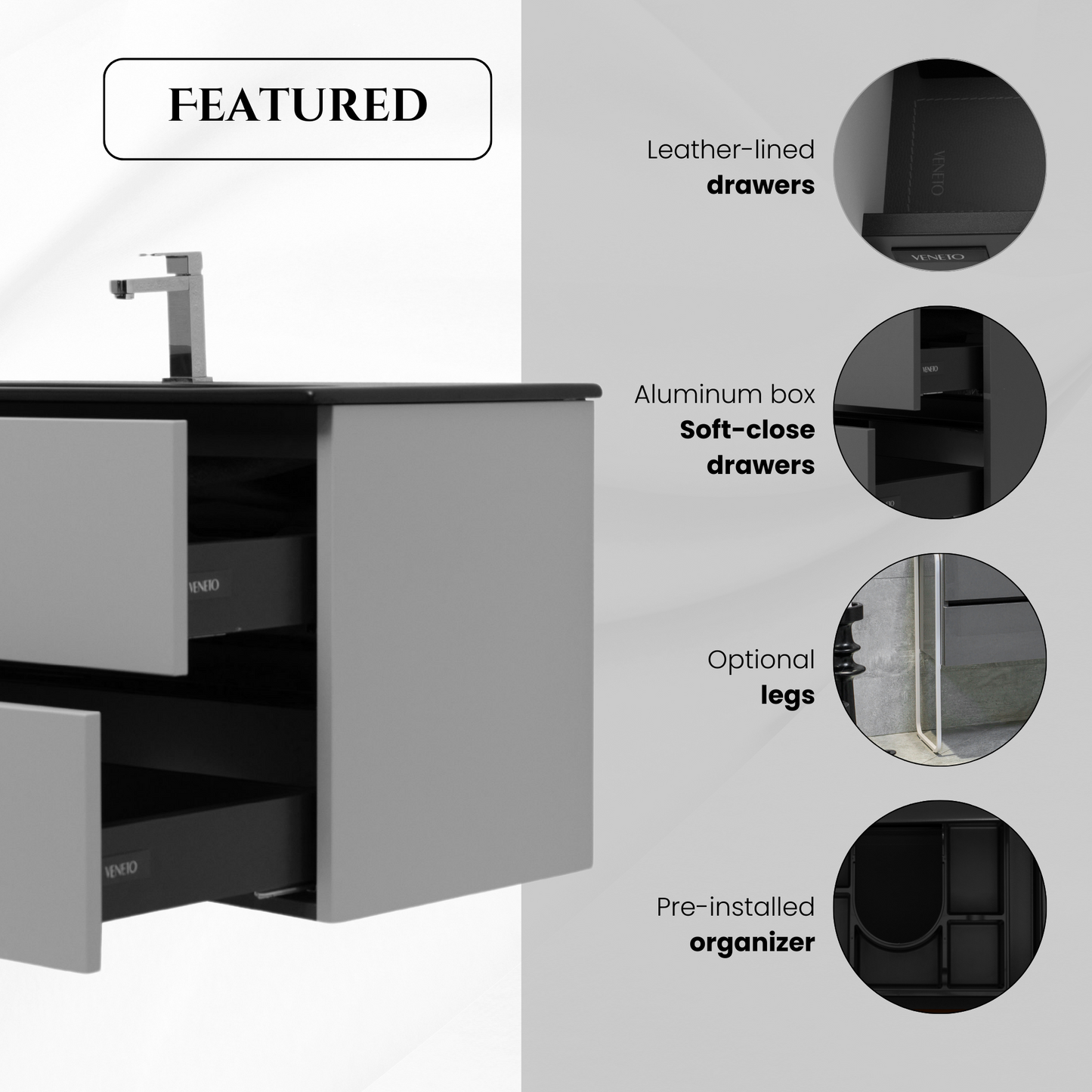 60 Inch Matte Cashmere Veneto Floating Bathroom Vanity with Countertop