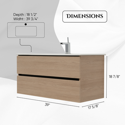 40 Inch Light Oak Veneto Floating Bathroom Vanity with Countertop